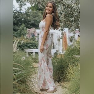 Skemo Jumpsuit Smocked Strapless Wide Leg Ocean Coral Print Excellent Size M